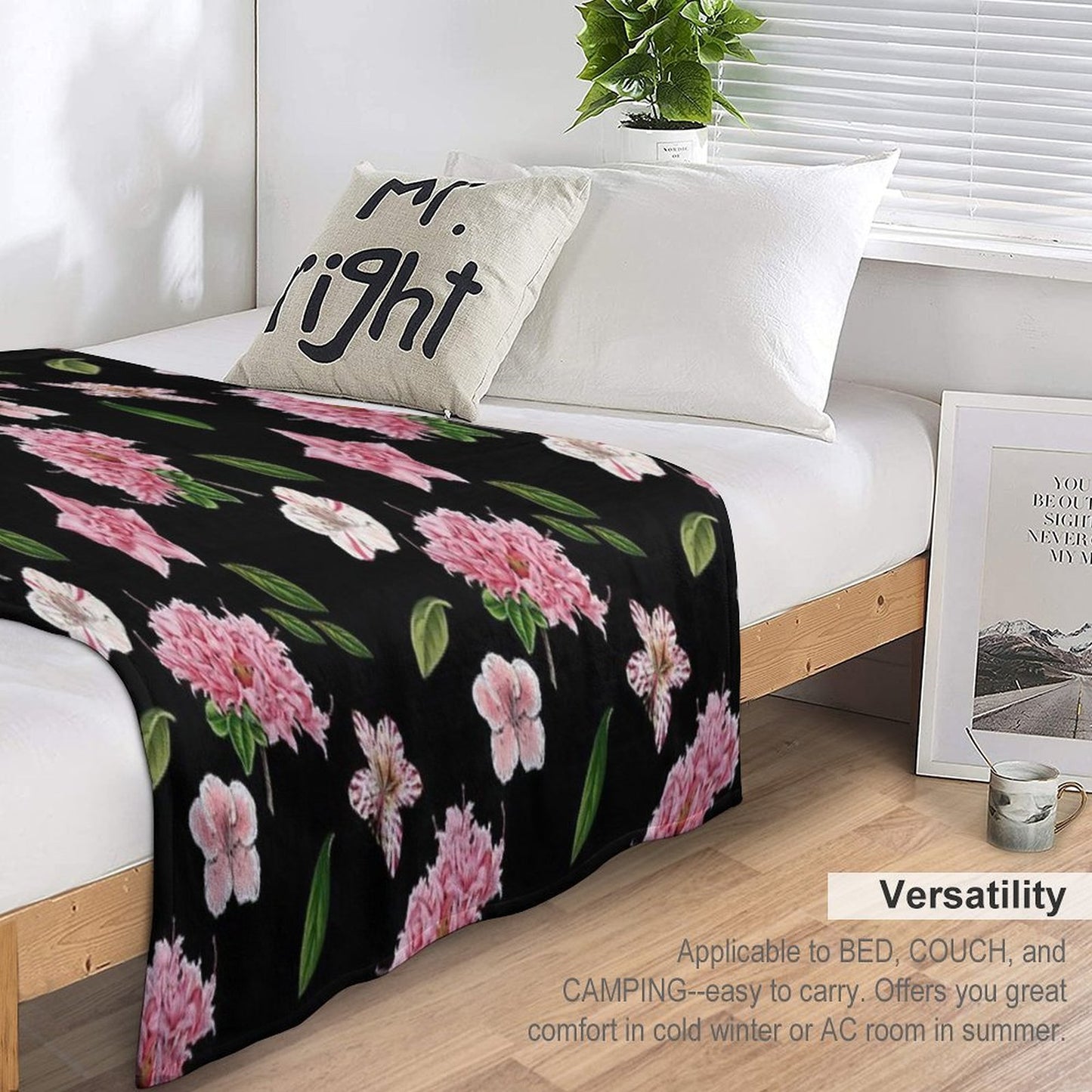 Black And Pink Floral Wrinkle-free Throw Blanket