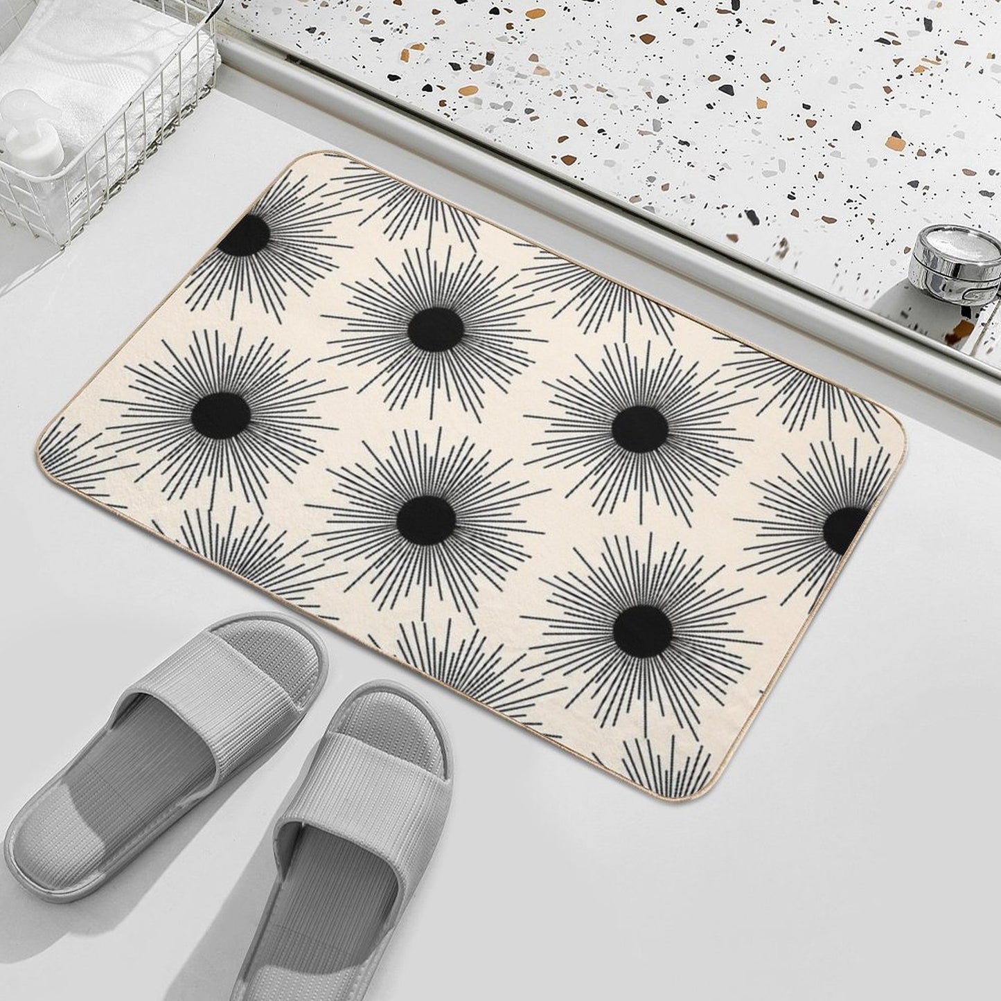 Sunburst Mid-Century Modern Sun Pattern in Black And Almond Cream Easy Maintenance Bath Mat