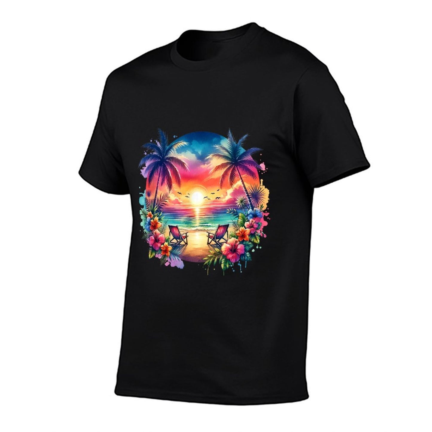 Tropical Island Beach Wave Sunset Scene High-quality Stitching T-Shirt