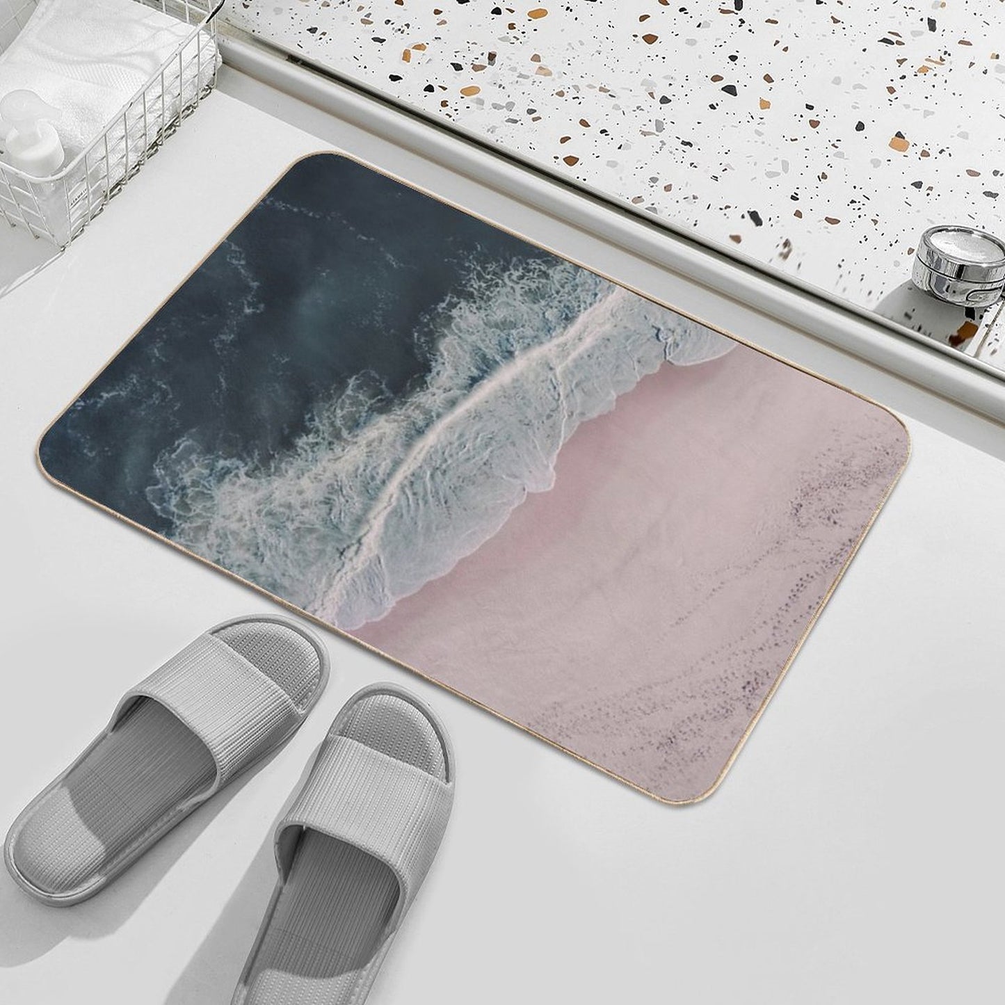 Aerial Ocean Beach Print, Pink Sand, Crashing Waves, Dark Blue Sea, Travel Photography Easy To Clean Bath Mat