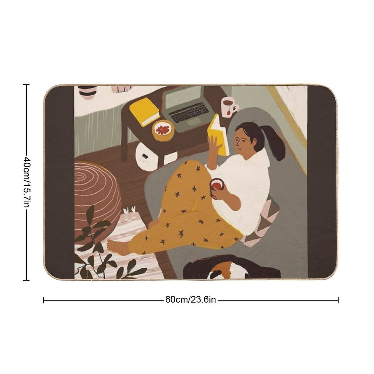 Girl Is Reading A Book at Cozy Home Interior with A Cat Anti-Trip Bath Mat