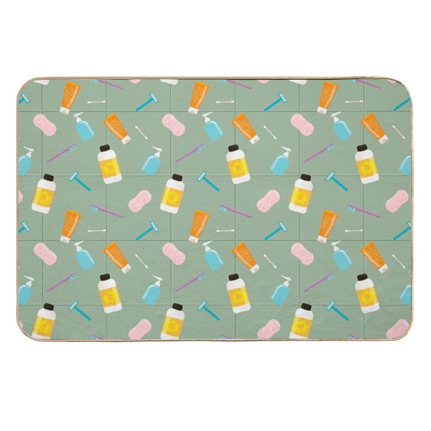 Seamless Vector Pattern of Bath Tubes, Bottles, Razers And Sponges Against Olive Tiled Wall Odorless Bath Mat