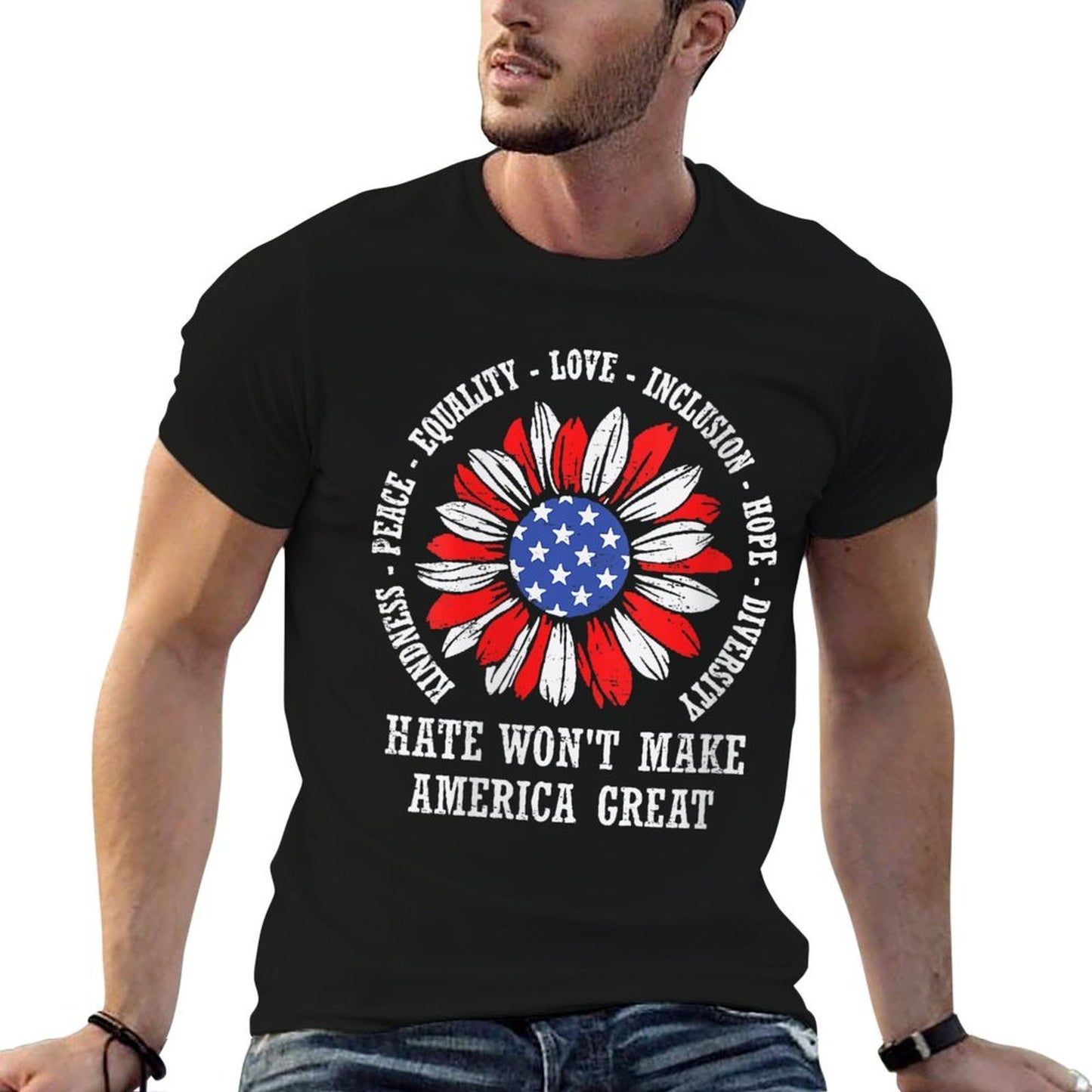 Womens Kindness Peace Love Hate Wont Make America Great Teacher Fade-proof Color T-Shirt