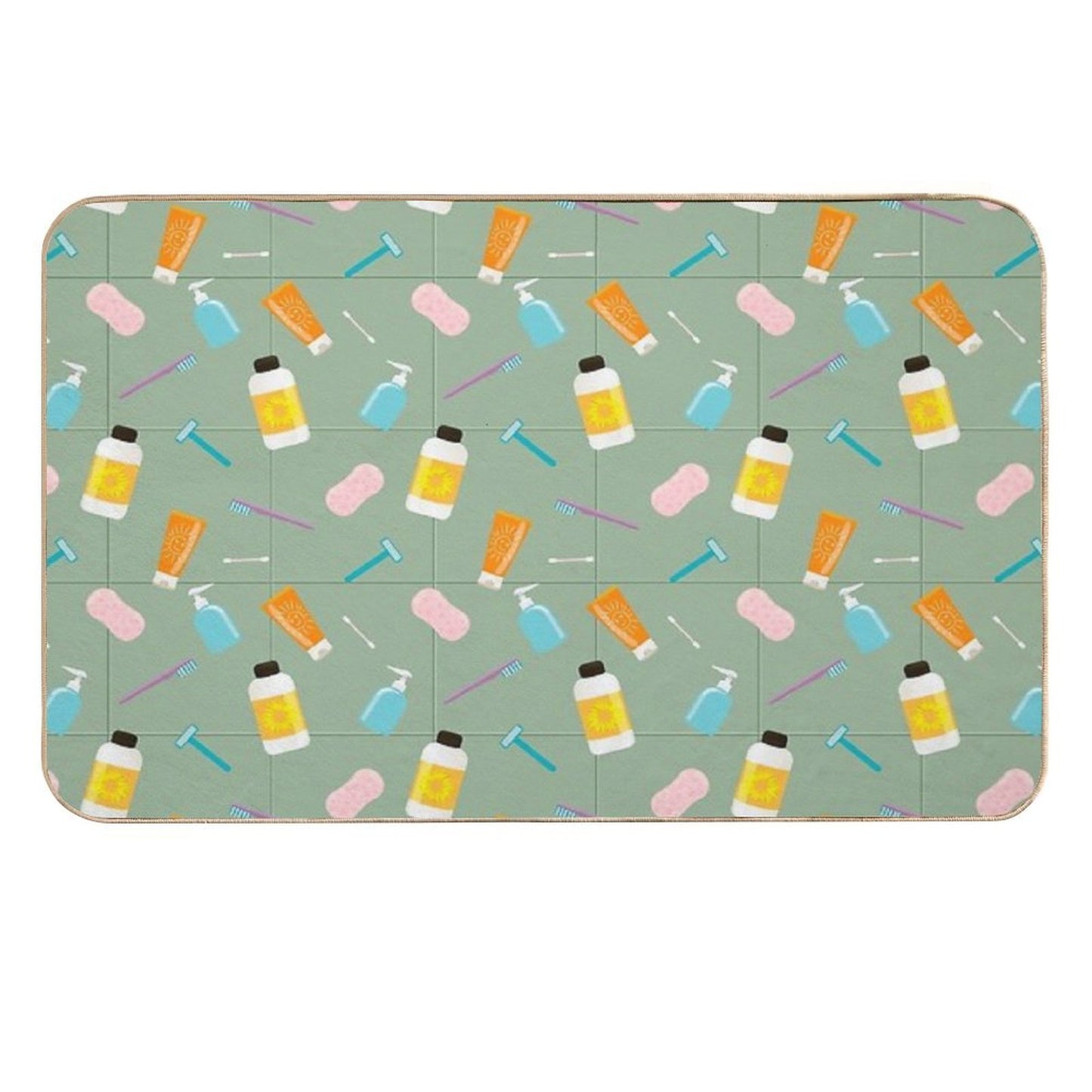 Seamless Vector Pattern of Bath Tubes, Bottles, Razers And Sponges Against Olive Tiled Wall Odorless Bath Mat