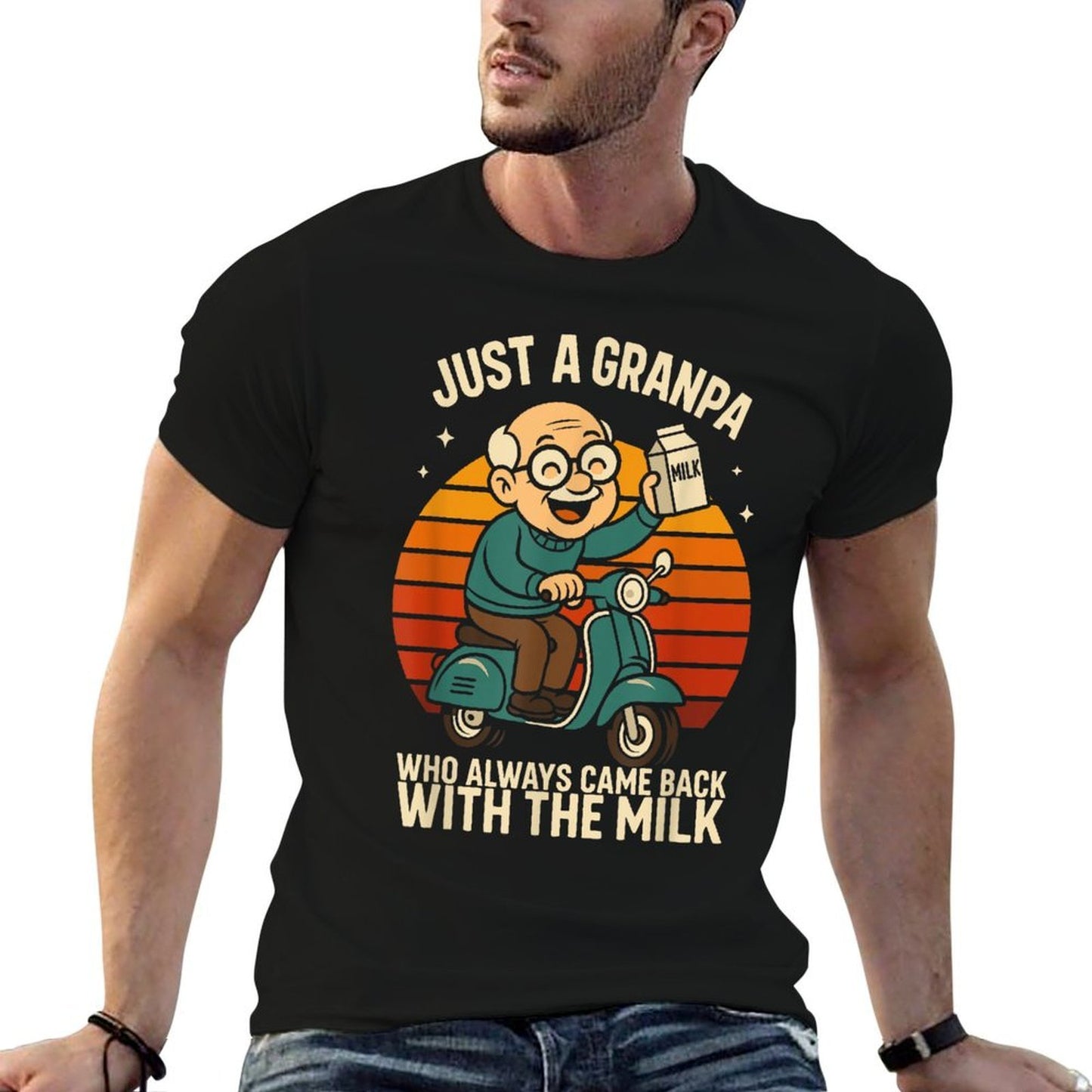 Just A Dad Who Always Came Back With The Milk Grandpa Ribbed Collar T-Shirt