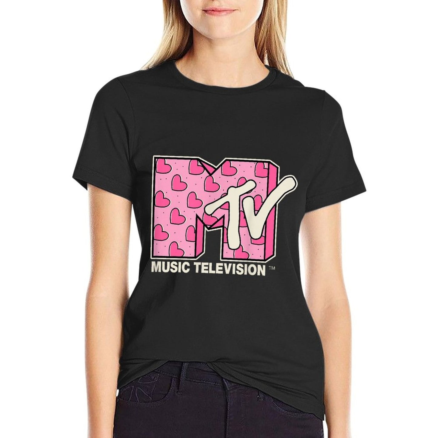 MTV Music Television Valentines Day Heart Pattern Fill Cotton T-Shirt