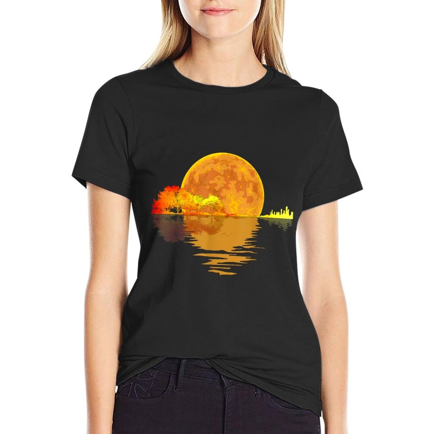 Acoustic Guitar Moon Lake Shadow Music Lover Guitarist Polyester Blend T-Shirt