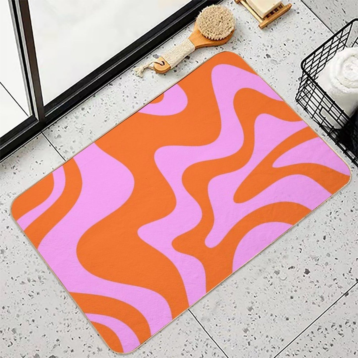 Retro Liquid Swirl Abstract Pattern Square in Hot Pink And Red-Orange Multi-Purpose Bath Mat