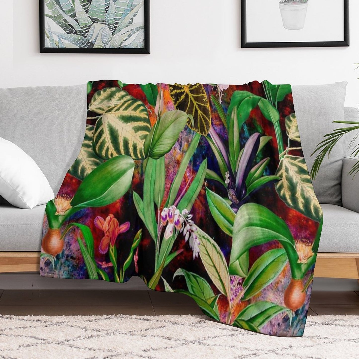 Exotic Tropical Foliage, Leaves And Flowers Tropical Pattern, Botanical Illustration, Red Blue Floral Illustration Versatility Throw Blanket