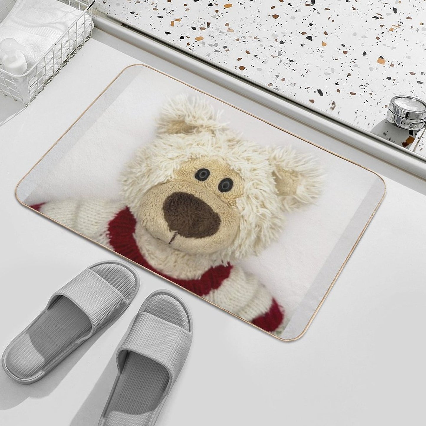 Cute Plush Bear in Cozy Sweater Anti-Trip Bath Mat
