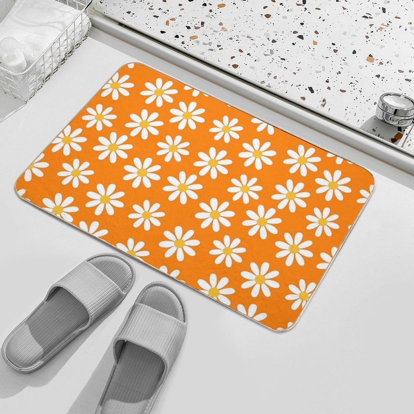Retro White Daisies on That 70s Orange Color Seamless Pattern Print Toxin-Free Bath Mat