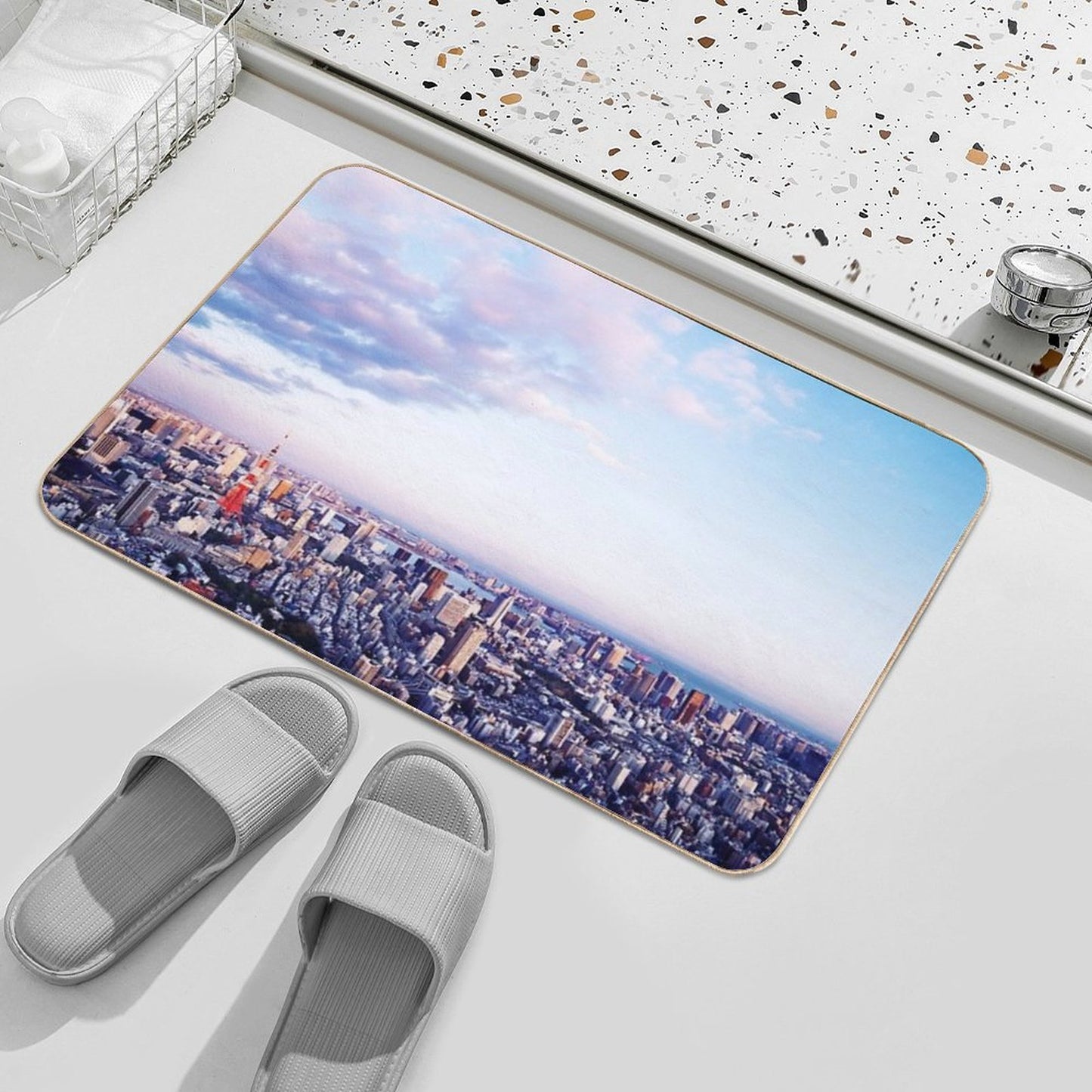 Tokyo Tower in Beautiful Aerial Scenery Tokyo City Under Vast Blue Sky Art Photo Print Stain-Proof Bath Mat