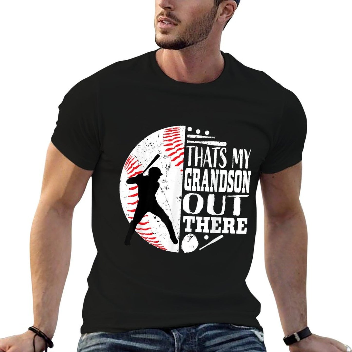 Thats My Grandson Out There Baseball Grandma Grandpa Graphic Rolled Sleeves T-Shirt