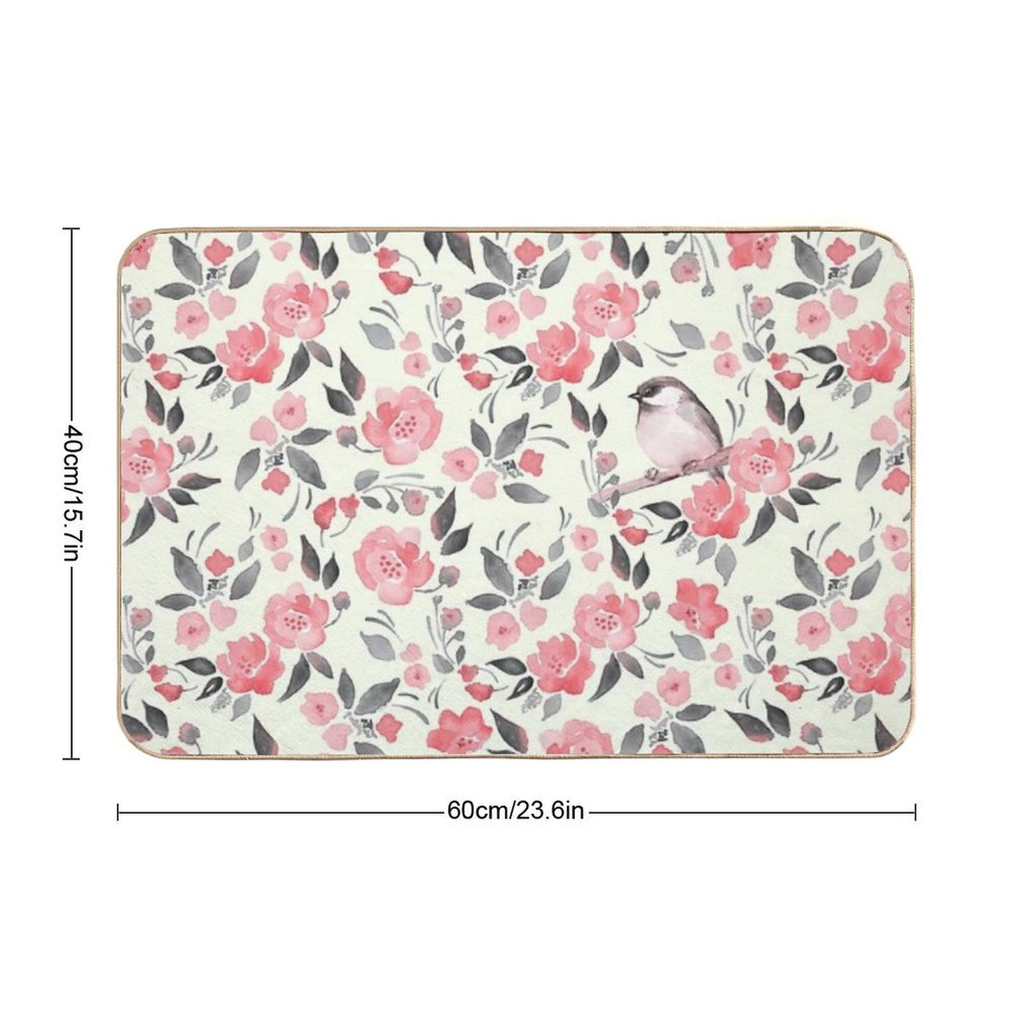 Bird And Red Flowers. Spring Watercolor Pattern Slip-Resistant Bath Mat