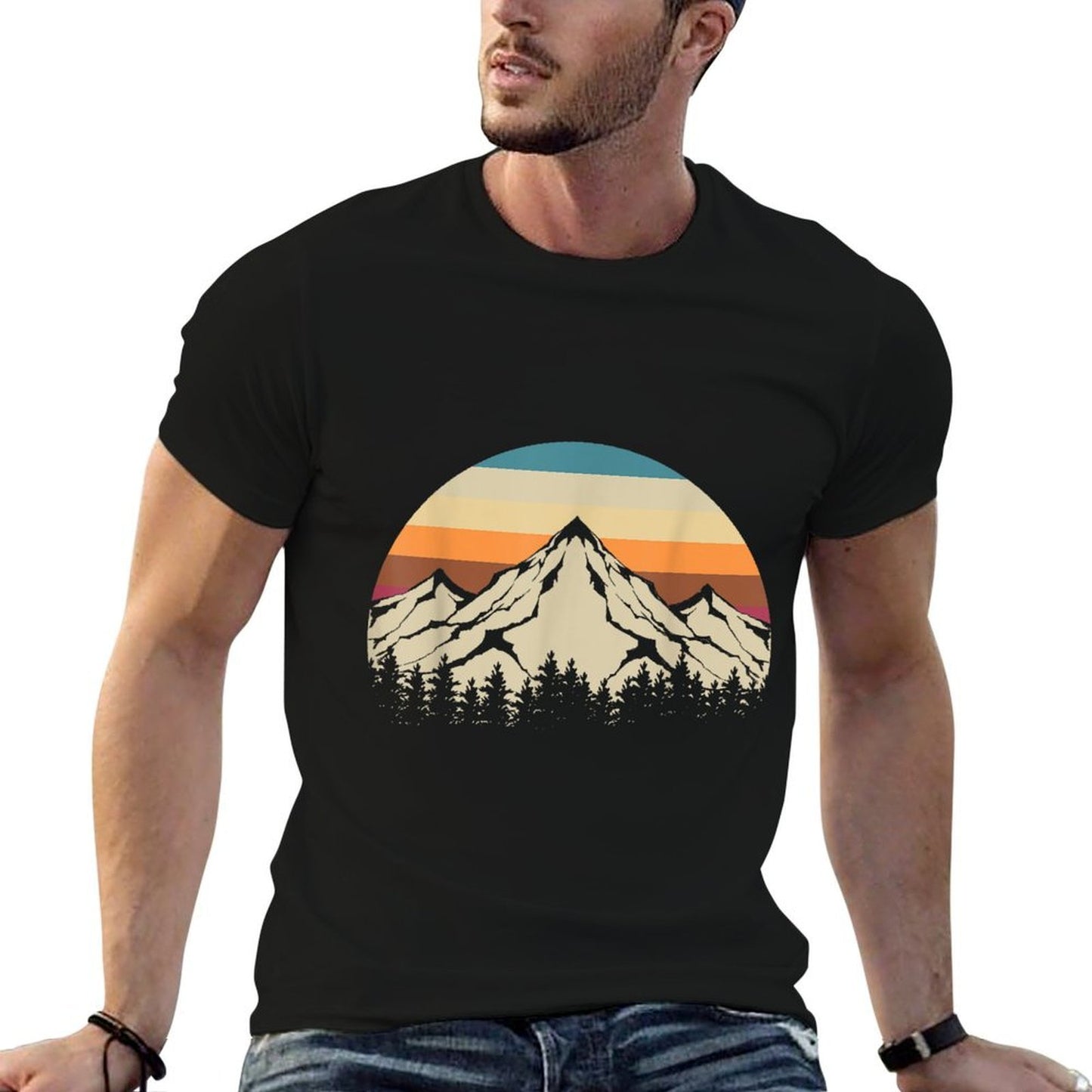 Retro Mountains Wildlife Hiking Outdoor Nature Trees Forest  Trendy Pattern T-Shirt