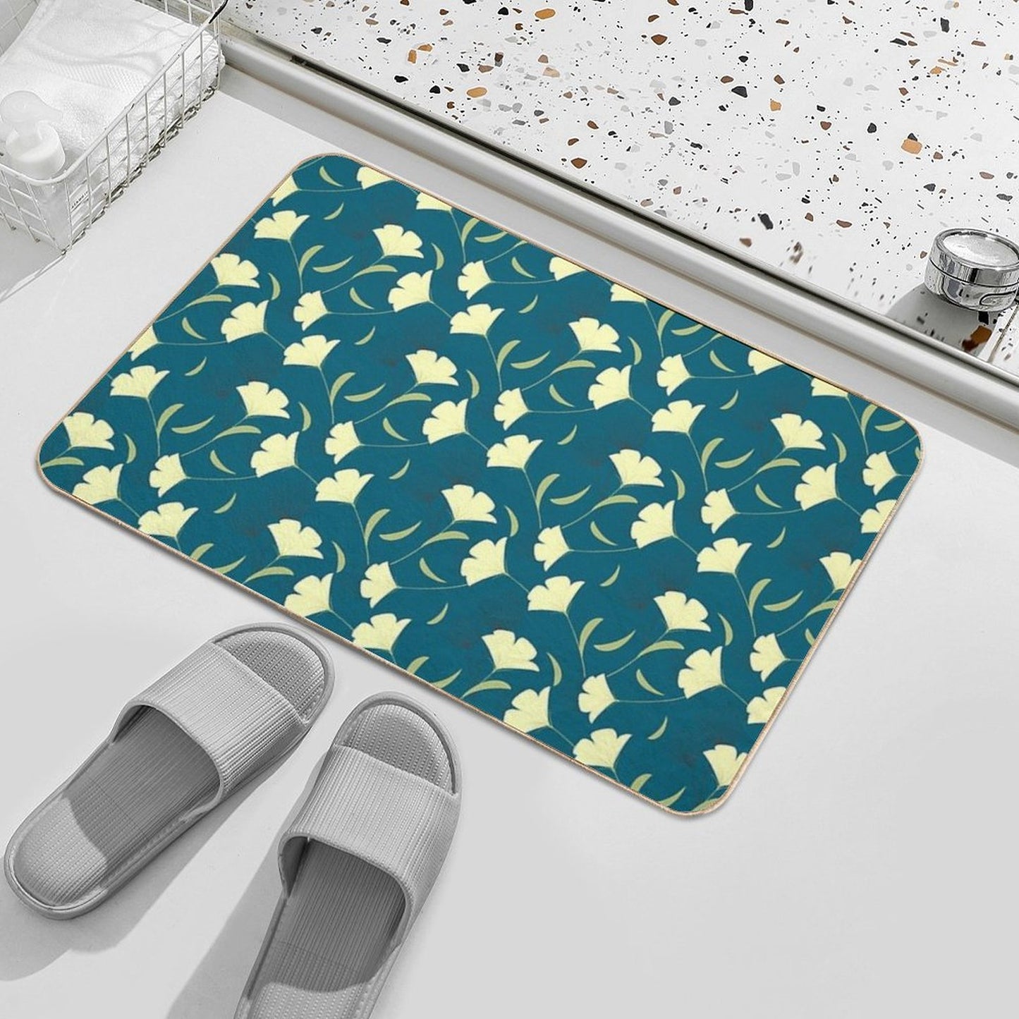 Teal Blue Floral Design Botanical Garden Rapid-Drying Bath Mat