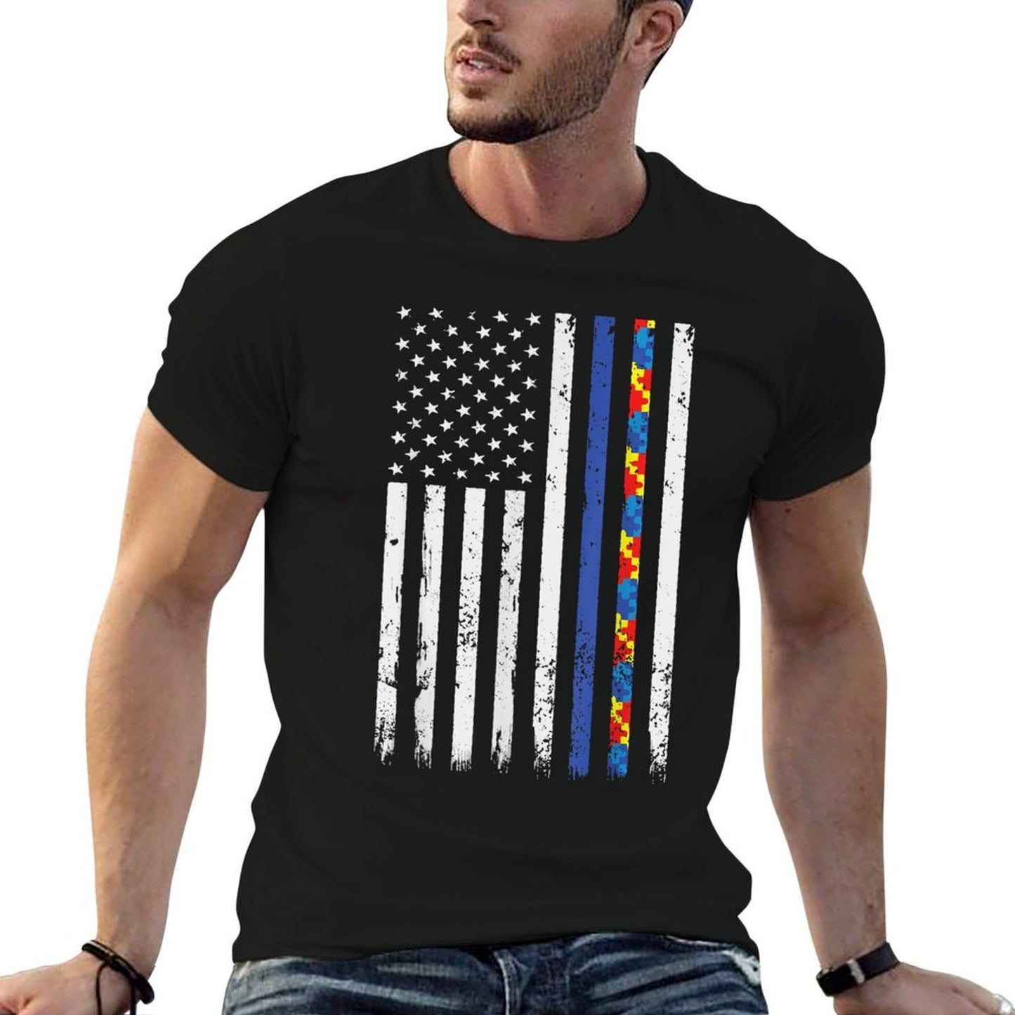 Thin Blue Line Police Support Autism 4th July Ribbed Collar T-Shirt