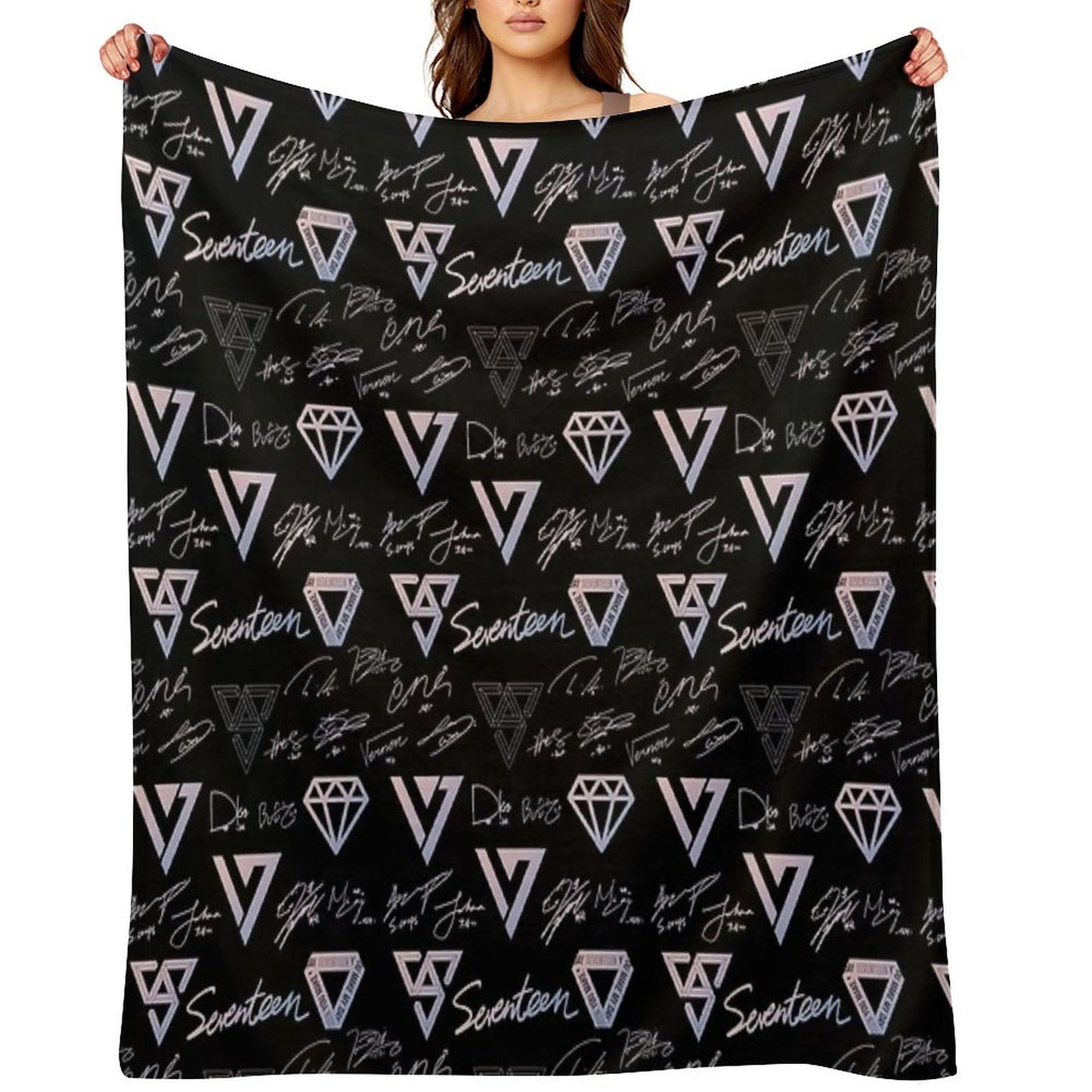 SEVENTEEN Signatures And Logos Pattern (Black) Multi-functional Throw Blanket
