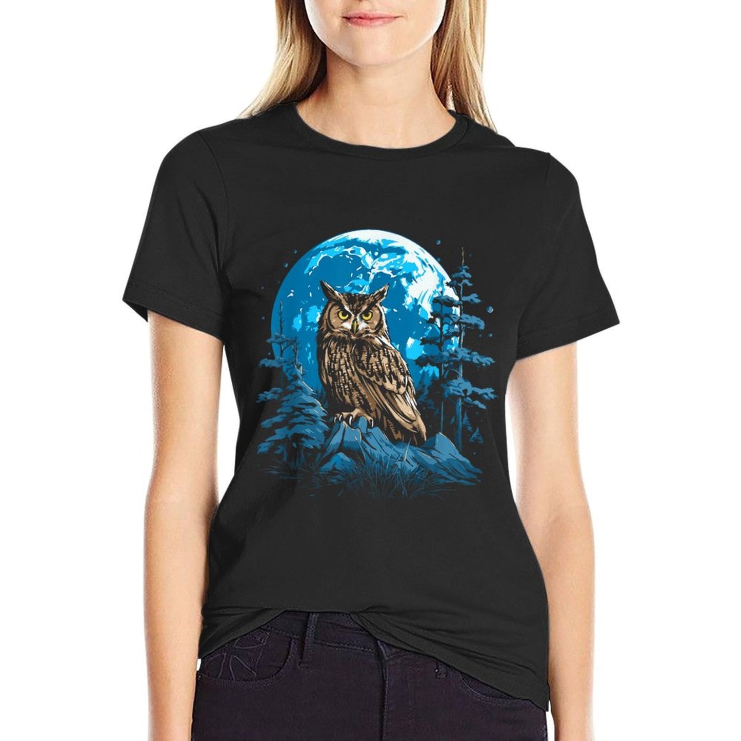 Symbiosis Supply Co. Great Horned Owl Night Time Nature Art Abstract Graphic Unisex-Adult - Black - Small - Graphic-printed T-Shirt