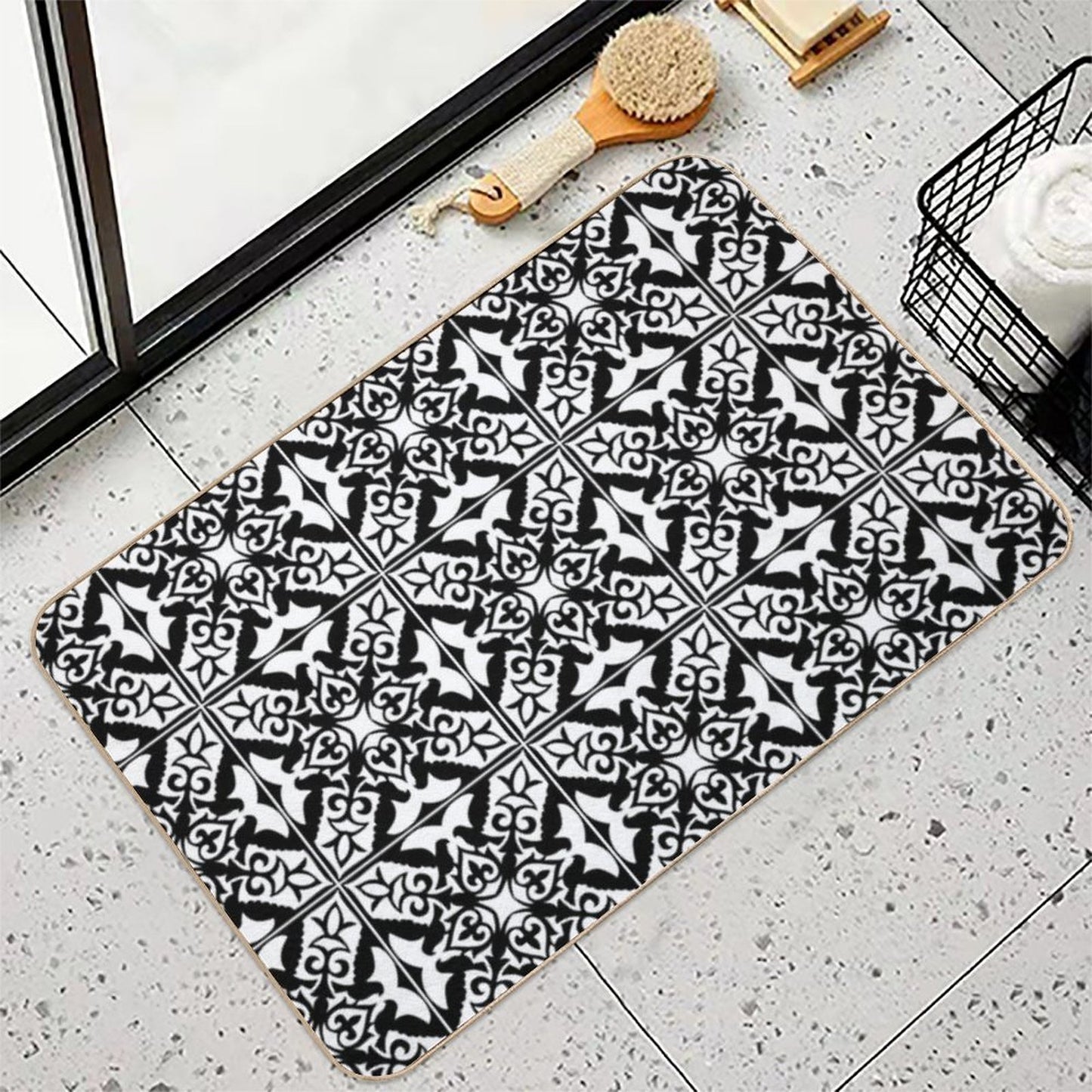 Moroccan Tile, Black And White Easy Maintenance Bath Mat