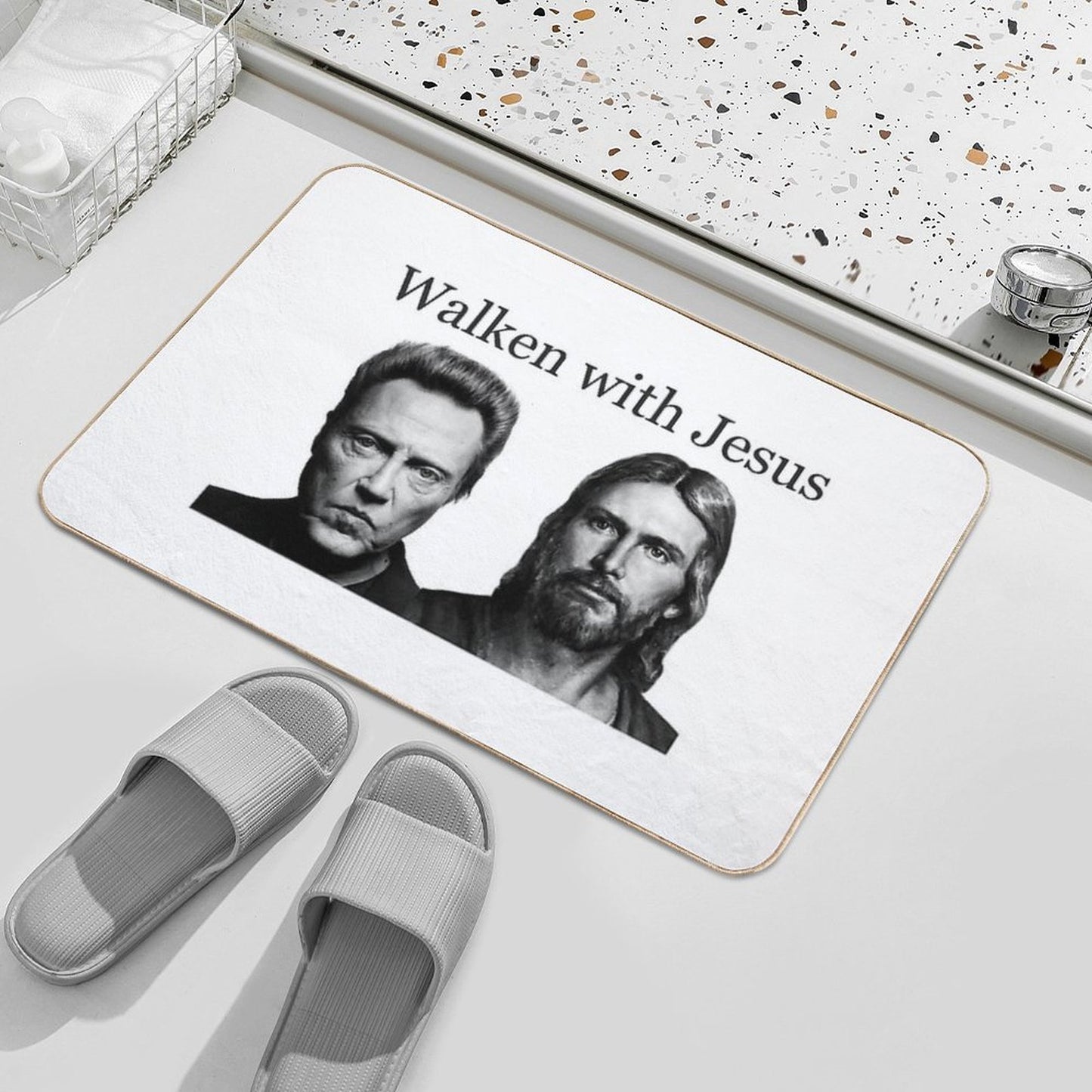 Walken with Jesus - Funny Walking with Jesus with Christopher Gag Gifts Easy To Clean Bath Mat