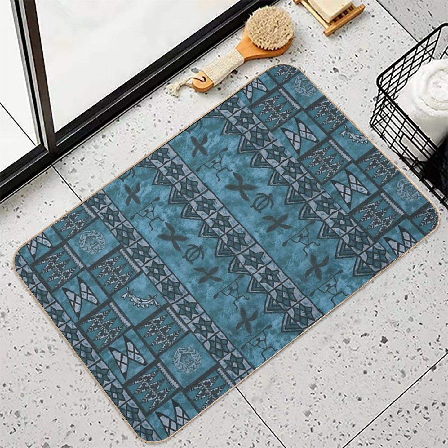 Vintage Hawaiian Tapa Ocean Blue High-Traffic Bath Mat