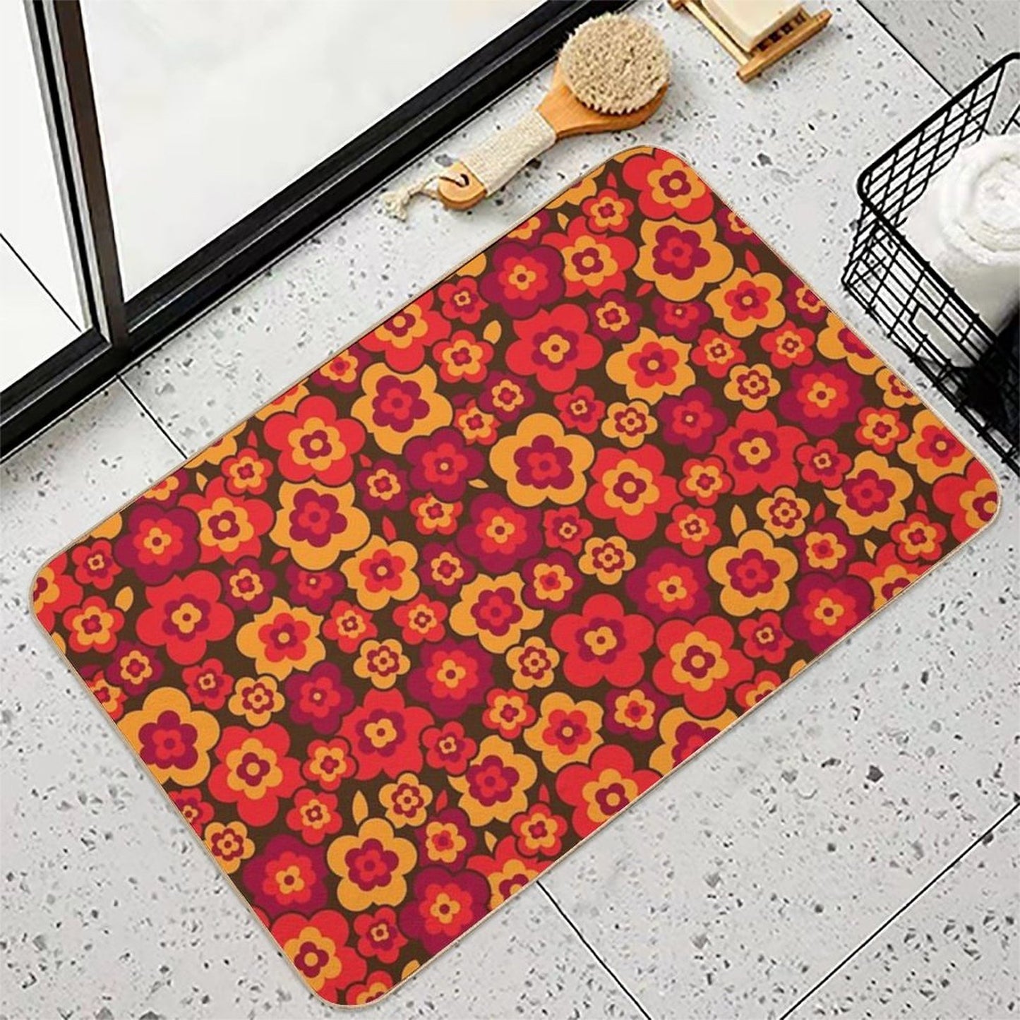 Retro Vintage Orange Poppies Anti-Trip Bath Mat