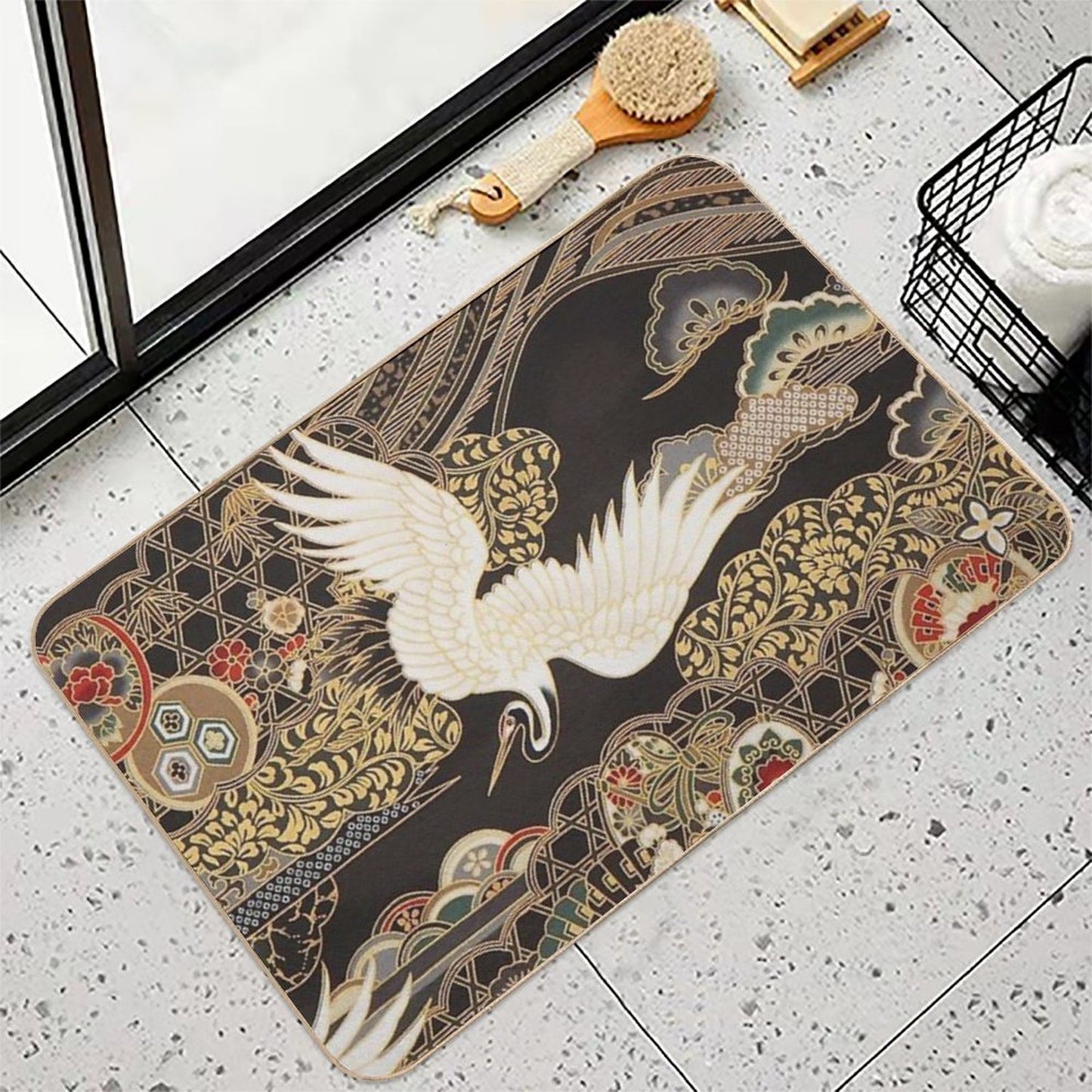 VintageJapanese Cranes Gold And Black Slip-Resistant Bath Mat