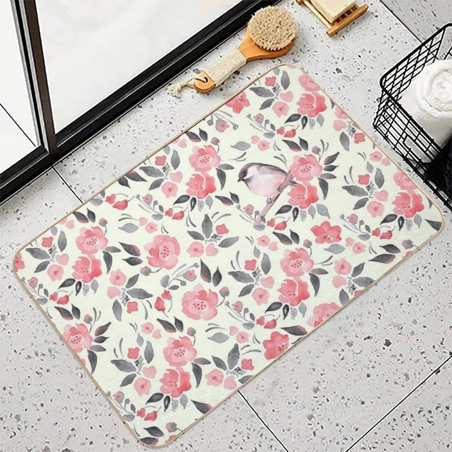 Bird And Red Flowers. Spring Watercolor Pattern Slip-Resistant Bath Mat