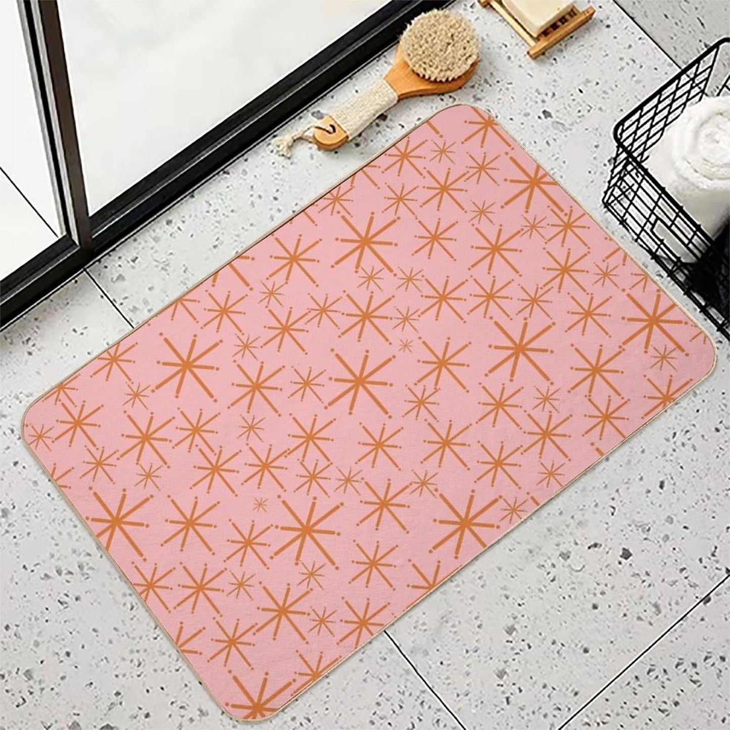 Twinkling Retro Atomic Starburst Pattern in Orange And Pink Stain-Proof Bath Mat
