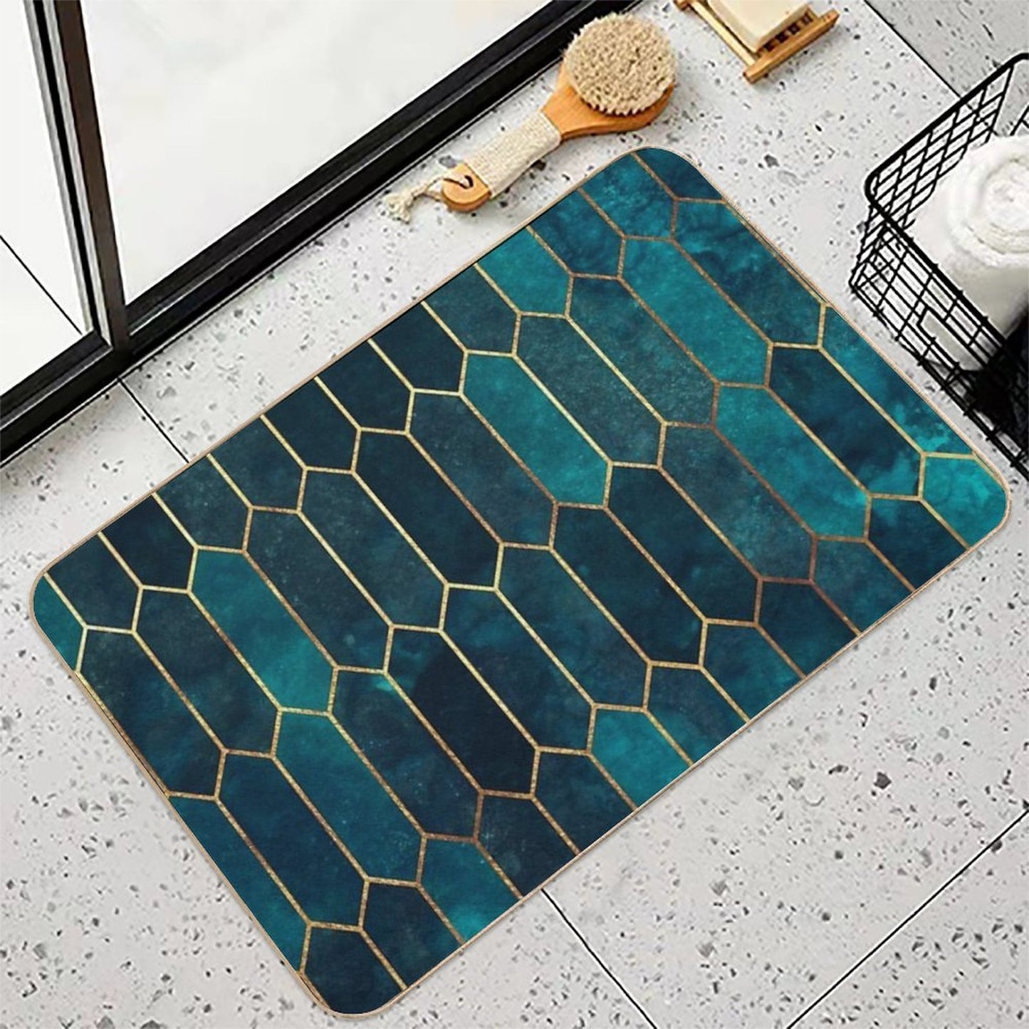 Deep Teal And Blue Gold Pattern Rapid-Drying Bath Mat