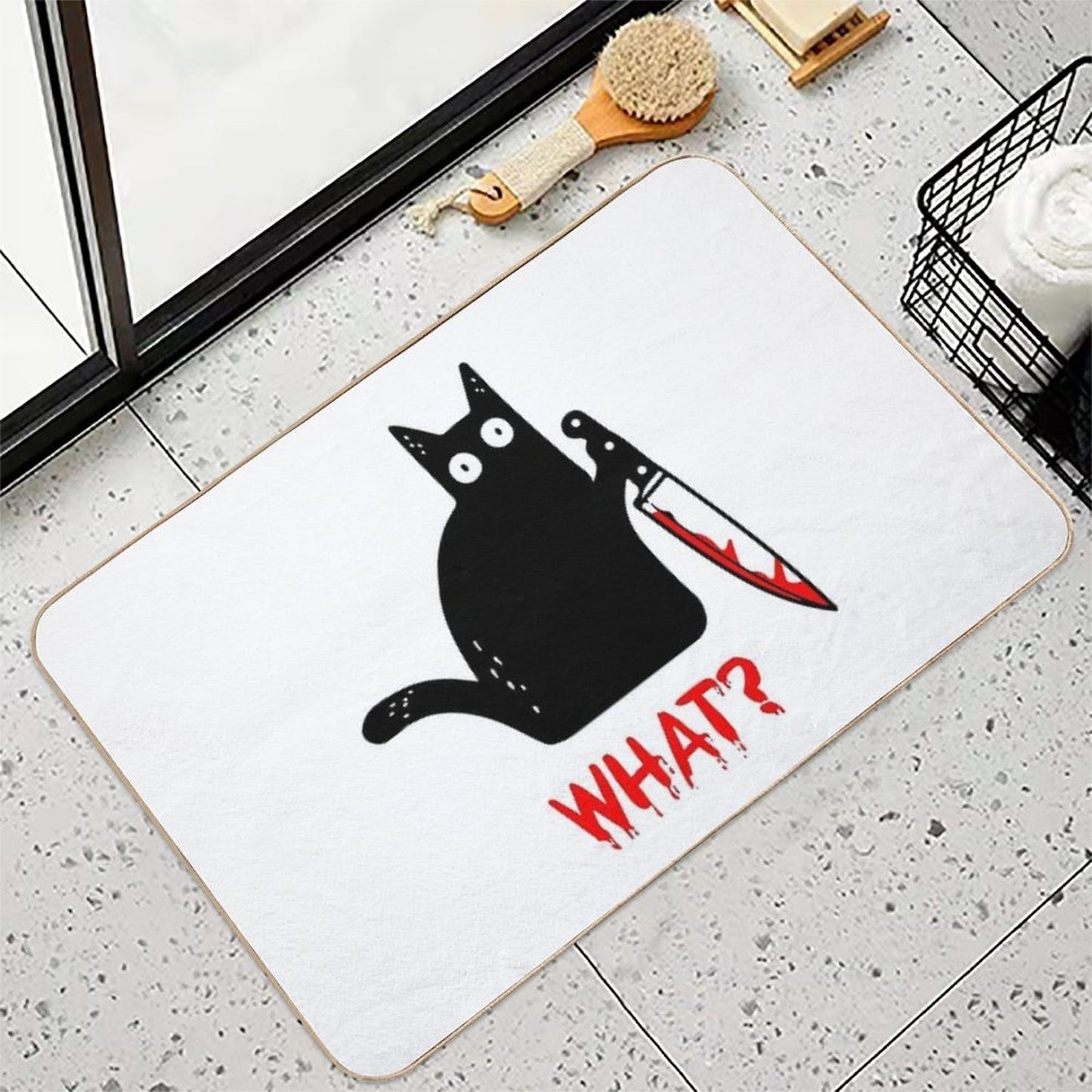 Funny Black Cat WHAT - Murderous Cat Holding Knife Versatile Bath Mat