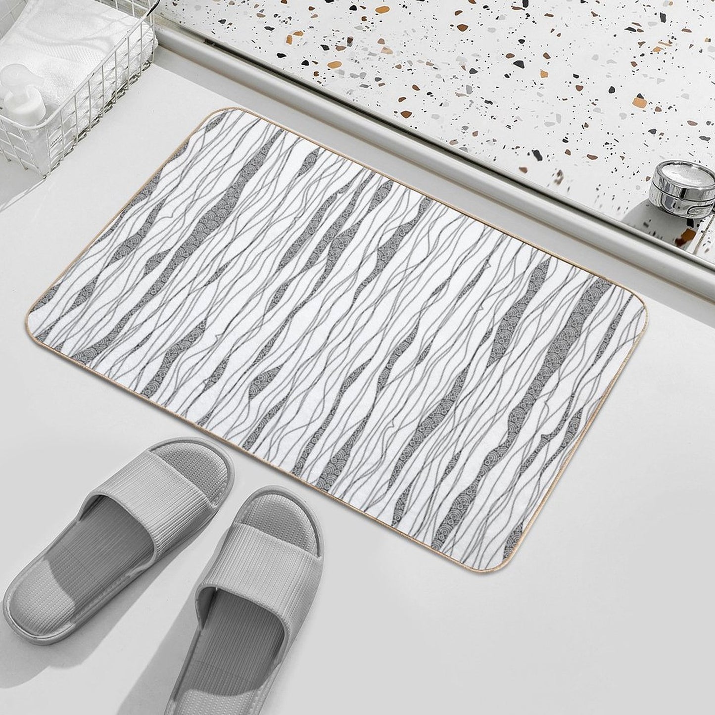 Black And White Wavy Art Lines with Nautical Elements Fade-Resistant Bath Mat