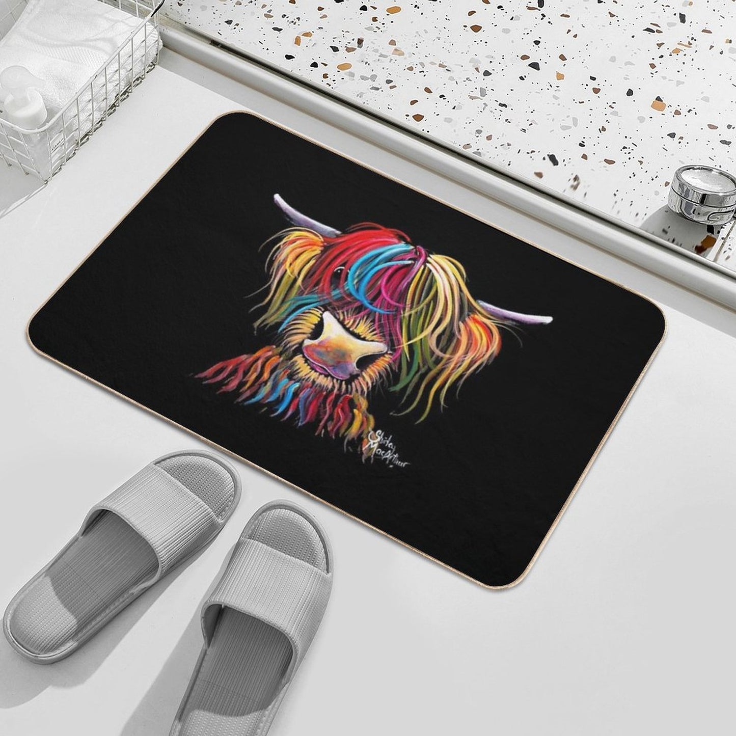 Scottish Hairy Highland Cow ' NELLY ' by Shirley MacArthur Easy To Clean Bath Mat