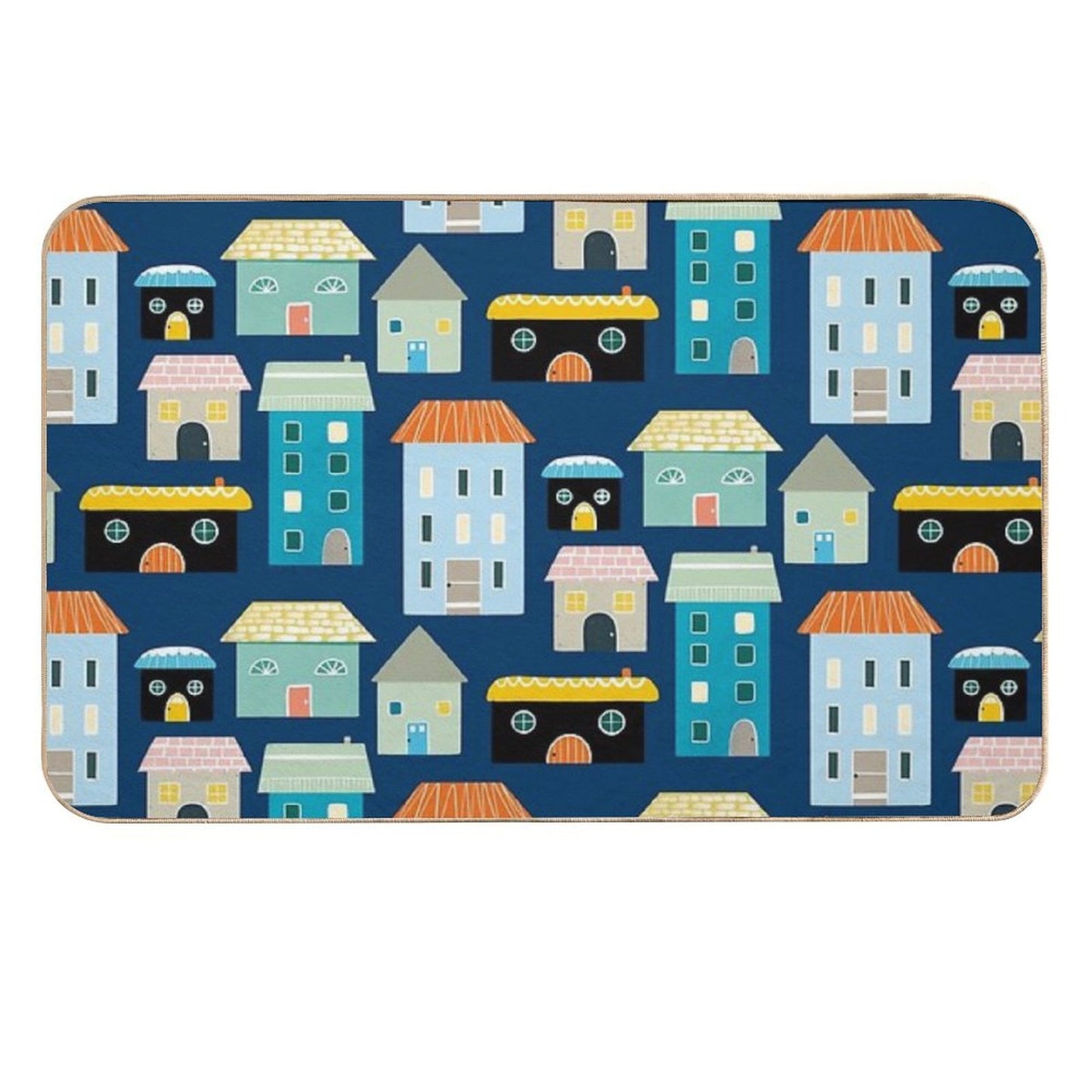 Cute Blue And Yellow House And Home Illustrations Non-Slip Bath Mat
