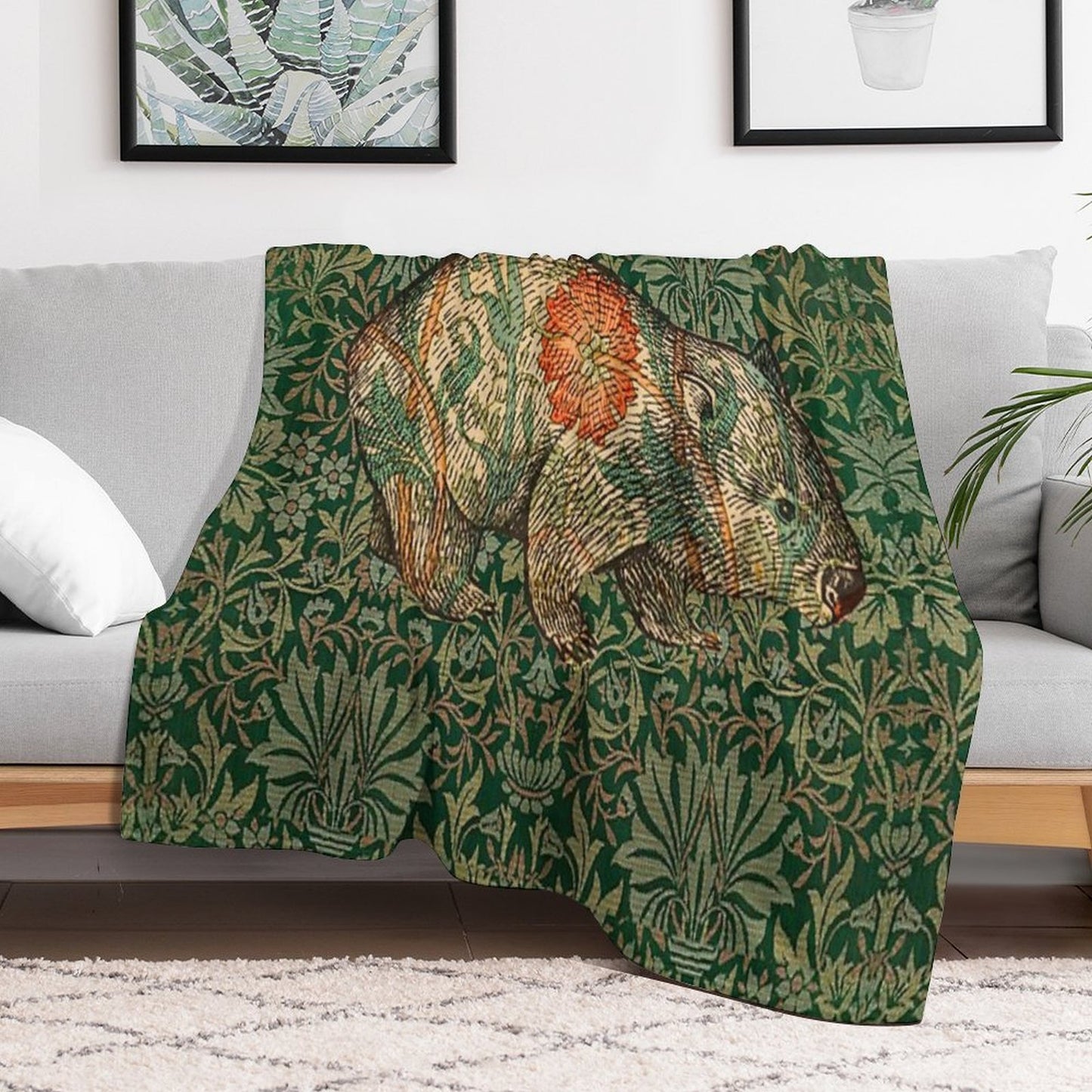 Rossetti's Wombat in Green Flower Garden Shrink-resistant Throw Blanket