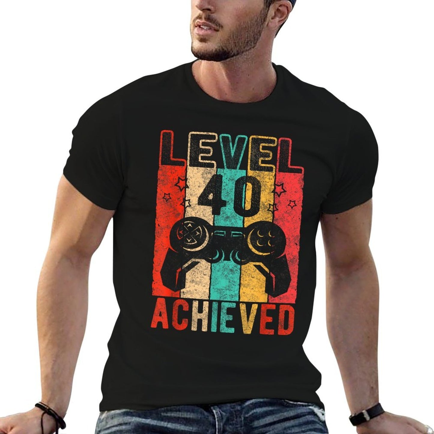 40th Birthday Level 40 Achieved, Distressed Retro Birthday Cotton T-Shirt