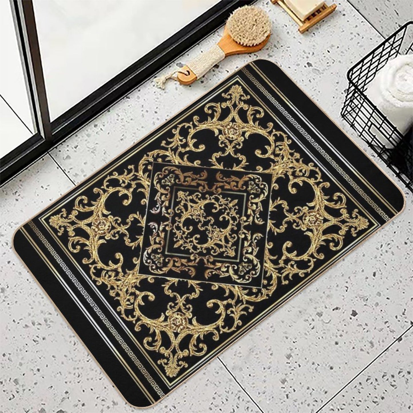Greek Key Diamond Ornate Baroque Black Gold Absorbent Bath Mat