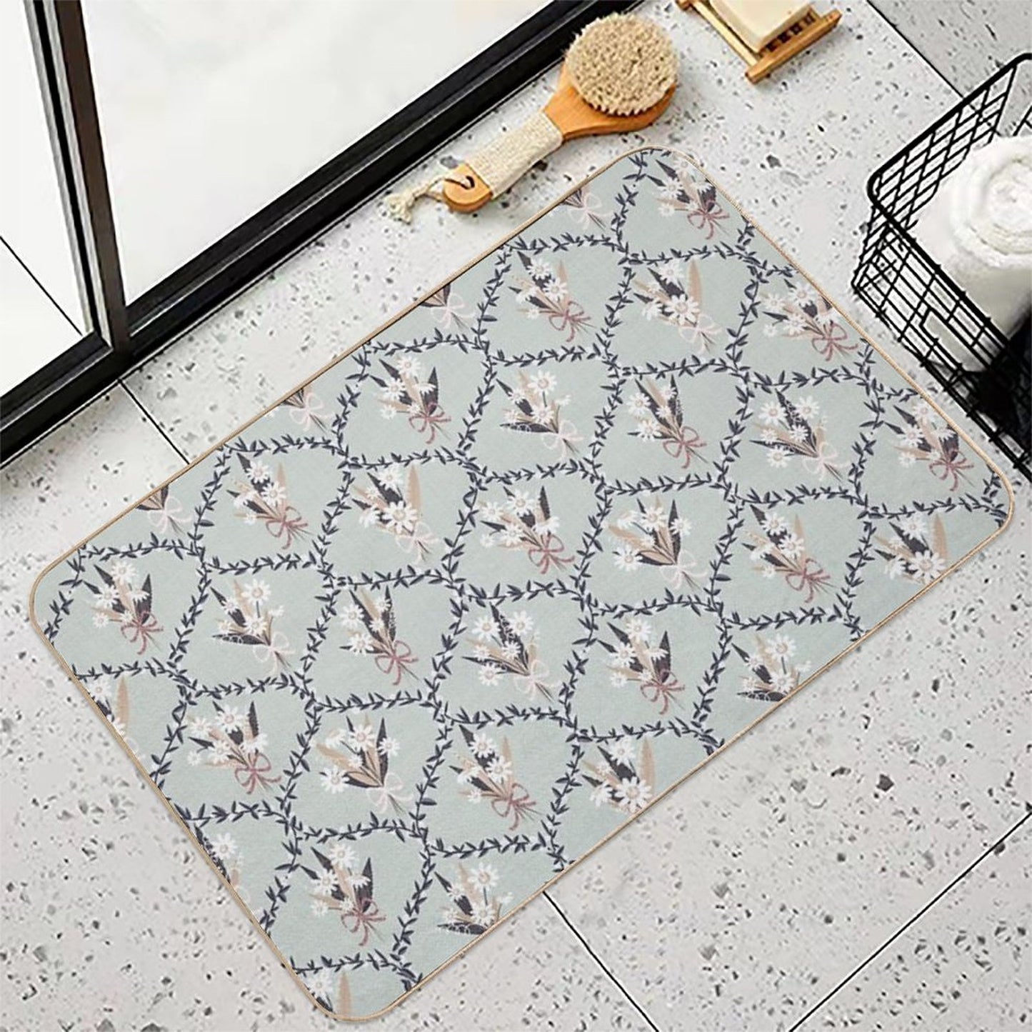 Daisy Bouquet Seamless Pattern – Vintage Floral Wreath Design on Sage Green Versatile Bath Mat