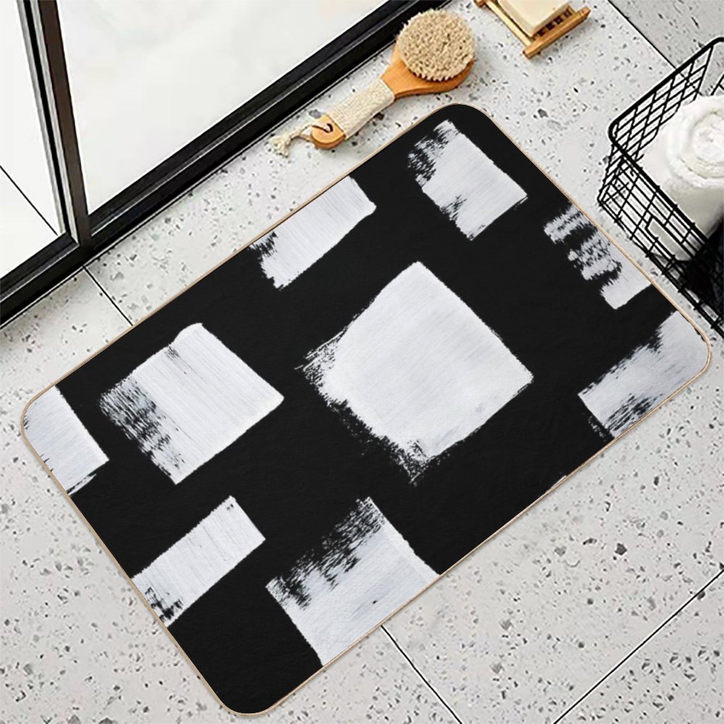 Marshmallows A Minimal Abstract Black And White Square Mudcloth Pattern by Alyssa Hamilton Art Absorbent Bath Mat