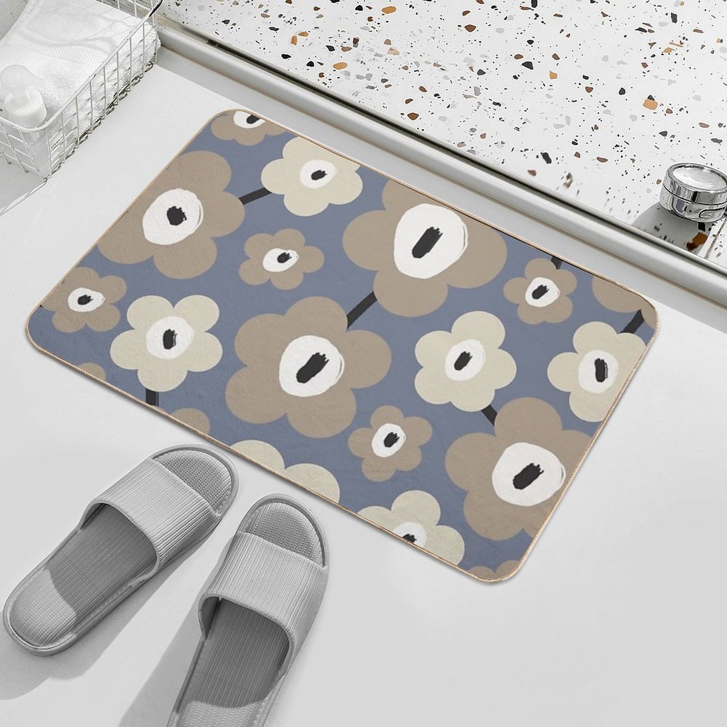 Unique Scandinavian Floral Pattern in Gray, Blue And Beige Odorless Bath Mat