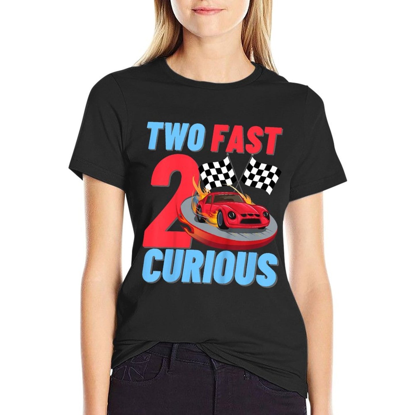 Two Fast 2 Curious Racing Car 2nd Birthday Party Boys Girls Graphic-printed T-Shirt