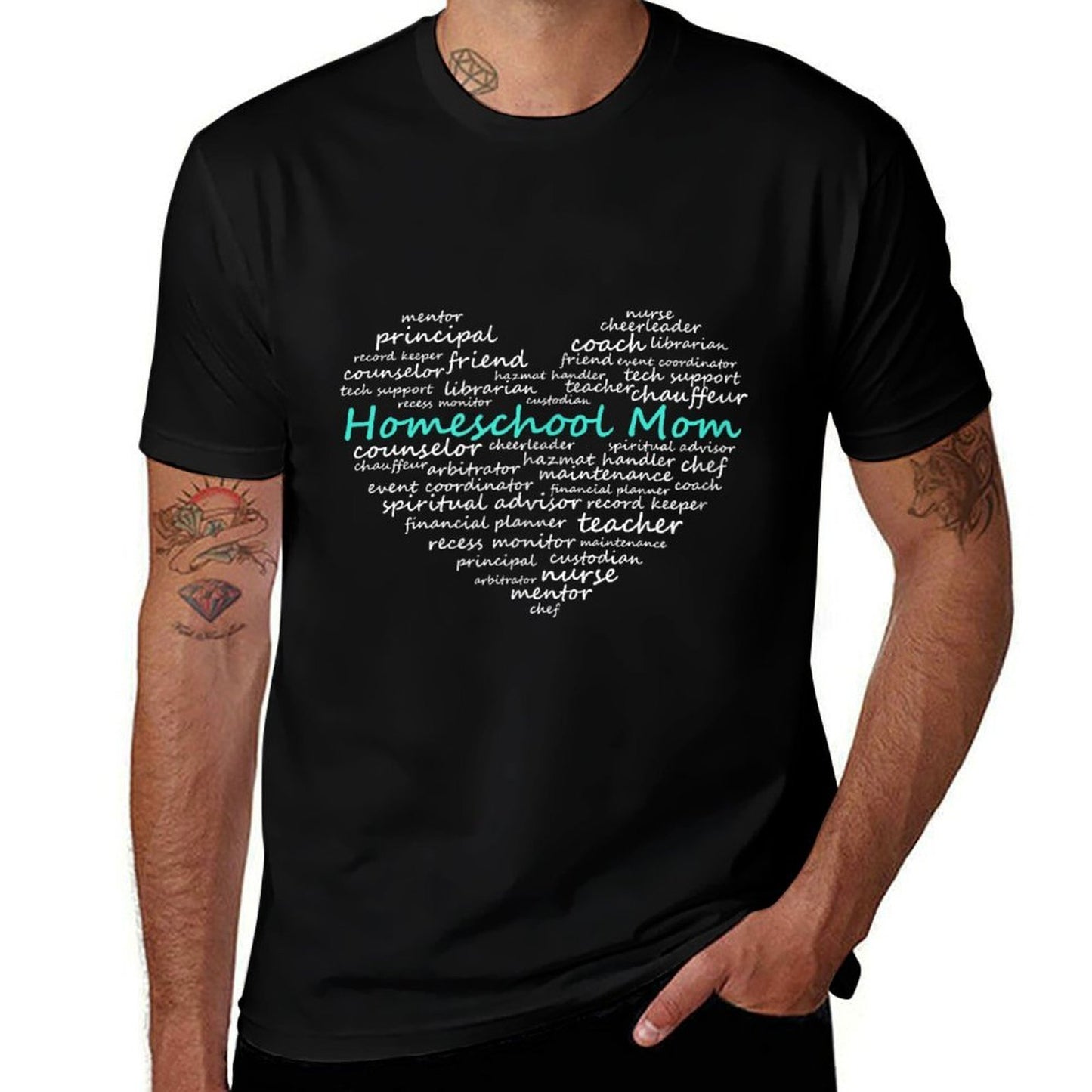 The Many Jobs of A Homeschool Mom Heart Word Cloud Ribbed Collar T-Shirt
