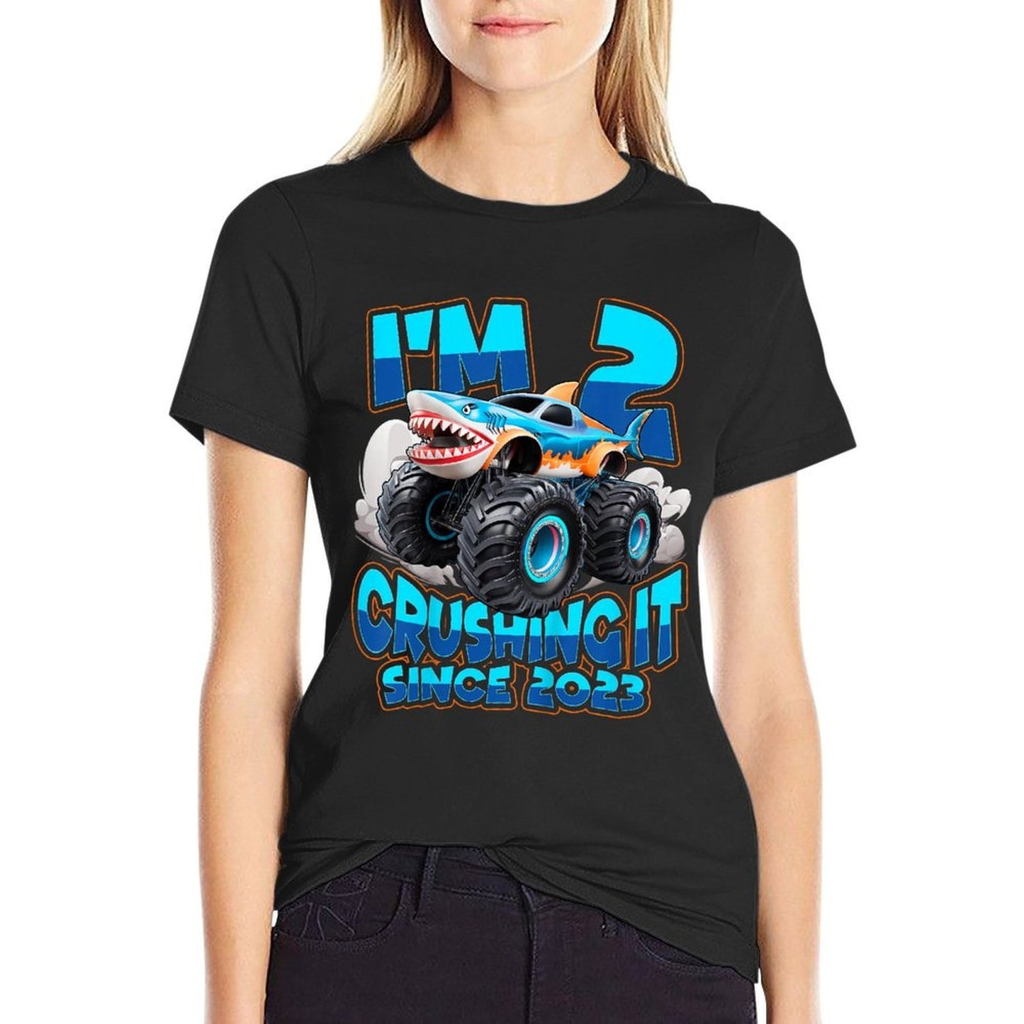 Kids 2 Years Old Boys 2nd Shark Monster Truck Birthday Party Trendy Pattern T-Shirt