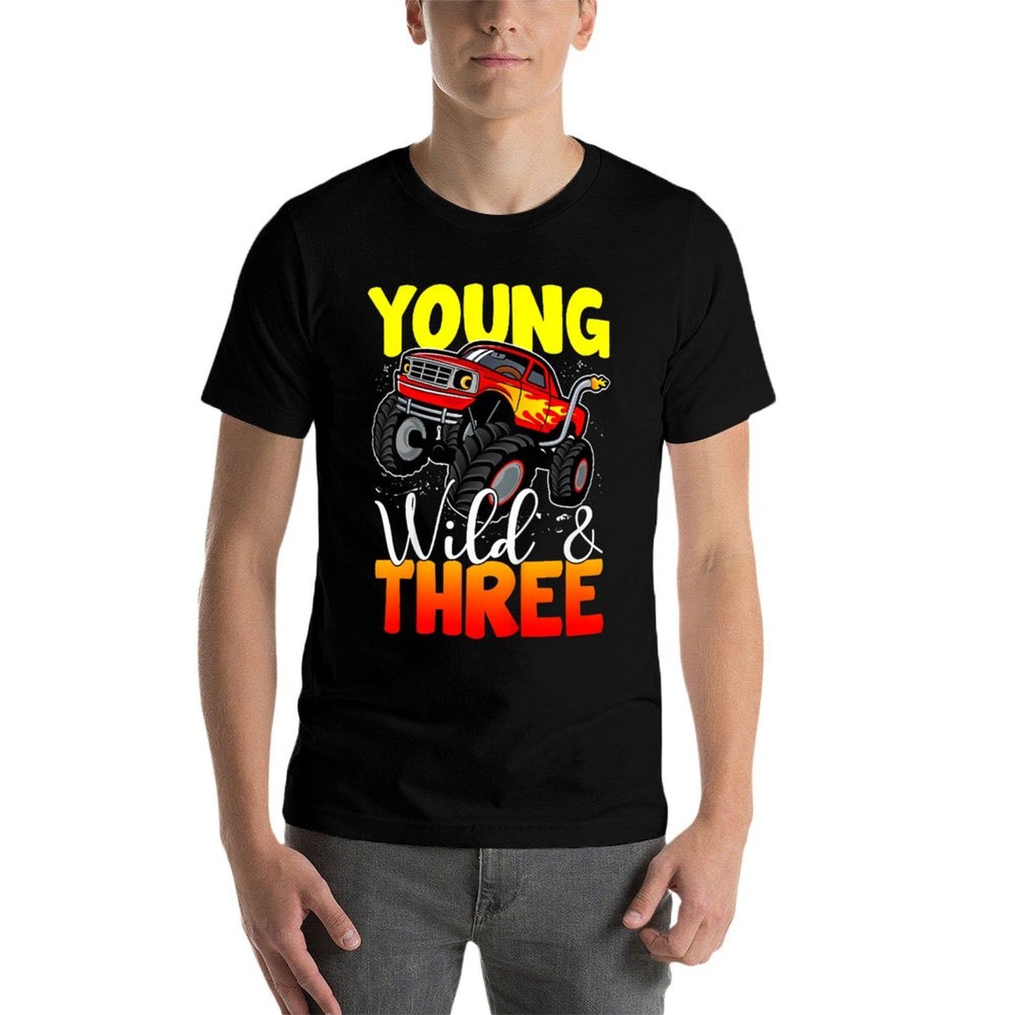 Kids Young Wild Three 3rd Birthday Boy Monster Truck 3 Years Old Ribbed Collar T-Shirt
