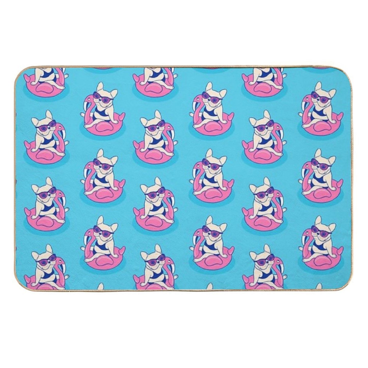 Frenchie Enjoys Summer on Flamingo Pool Float in Swimming Pool Dirt-Trapping Bath Mat