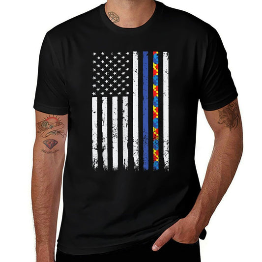 Thin Blue Line Police Support Autism 4th July  Ribbed Collar T-Shirt