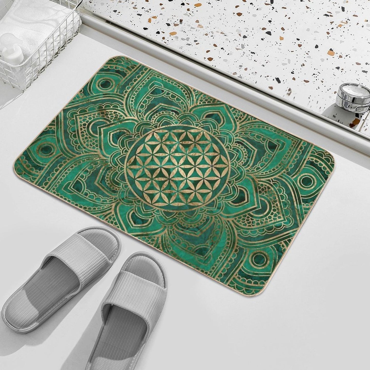 Flower of Life in Lotus - Malachite And Gold Anti-Trip Bath Mat