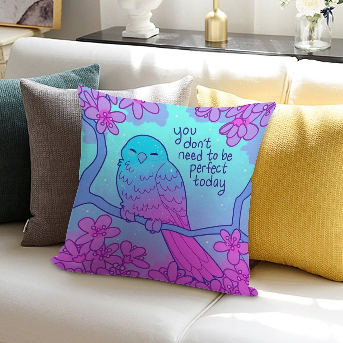 You Don't Need to Be Perfect Today Kind Blossom Bird Soft Reinforced Edging Throw Pillow