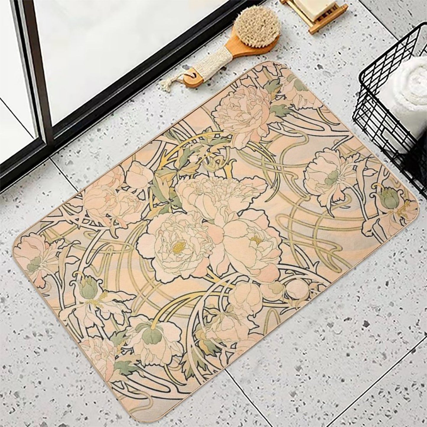 Alfonse Mucha Art Nouveau Peonies Easy Maintenance Bath Mat